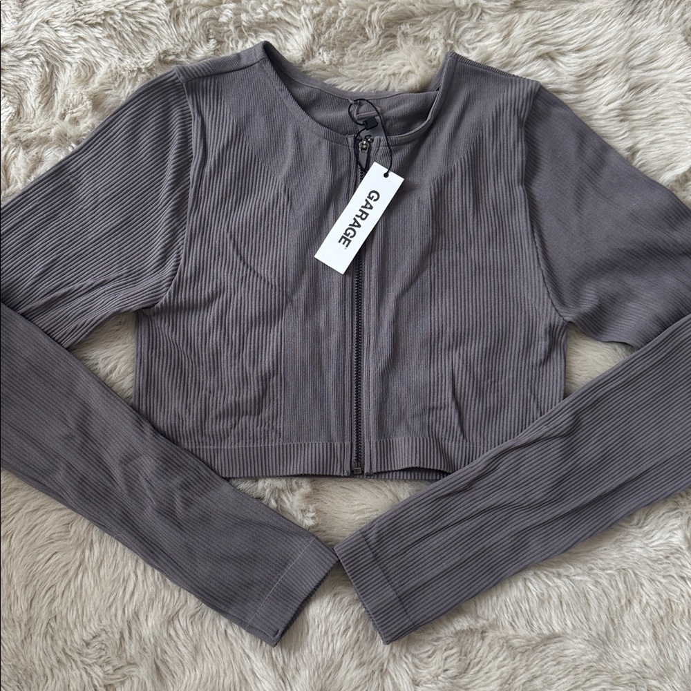 Garage Charcoal Ribbed Zip-Up Crop Top